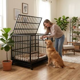 48 Inch Heavy Duty Indestructible Dog Crate with Wheels, Folding Metal Big Dog Cage for Large and Medium Dogs, Cage with Removable Plastic Tray