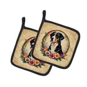 Greater Swiss Mountain Dog and Flowers Pair of Pot Holders Kitchen Heat Resistant Pot Holders Sets Oven Hot Pads for Cooking Baking BBQ, 7 1/2 x